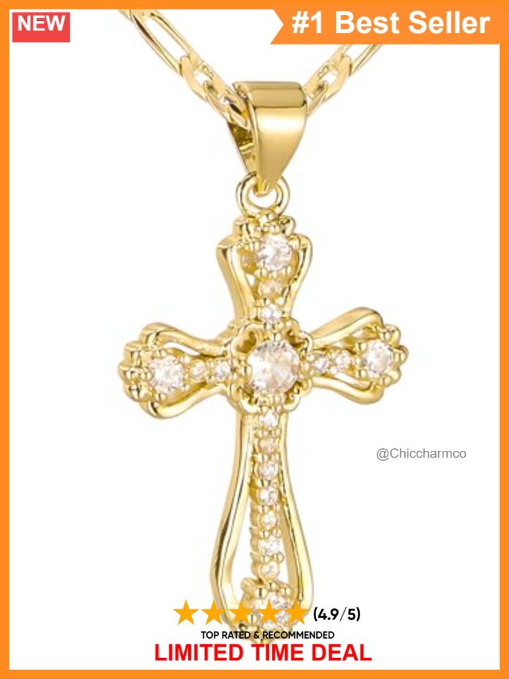 14K Gold Plated Cross Necklace Cubic Zirconia Infinity Pendant Figaro Chain